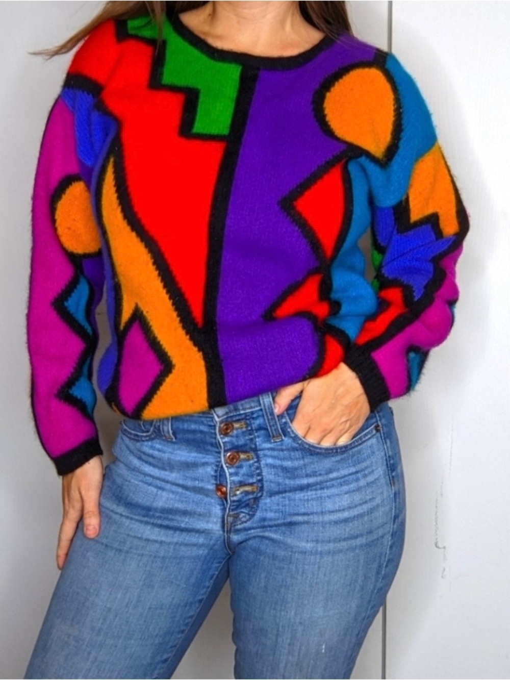 Rafaella Vintage ANGORA RABBIT Hair LAMBSWOOL BLEND COLORBLOCK SWEATER Petite